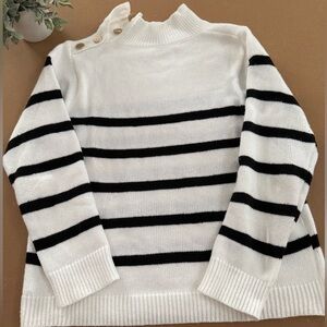 White & Black Striped Knit Sweater with Gold Button Shoulder Detail – Size M